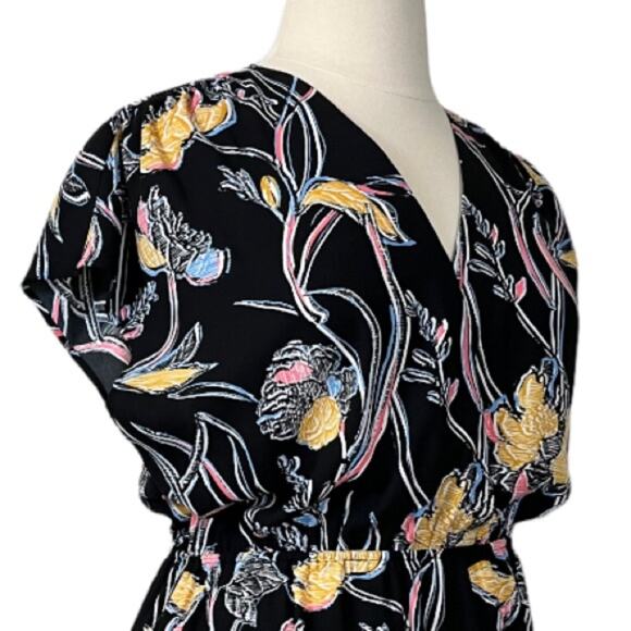 Halogen Women's Dress Elastic Waist V Neck Wrap Black Yellow Floral Size XL - Picture 6 of 10